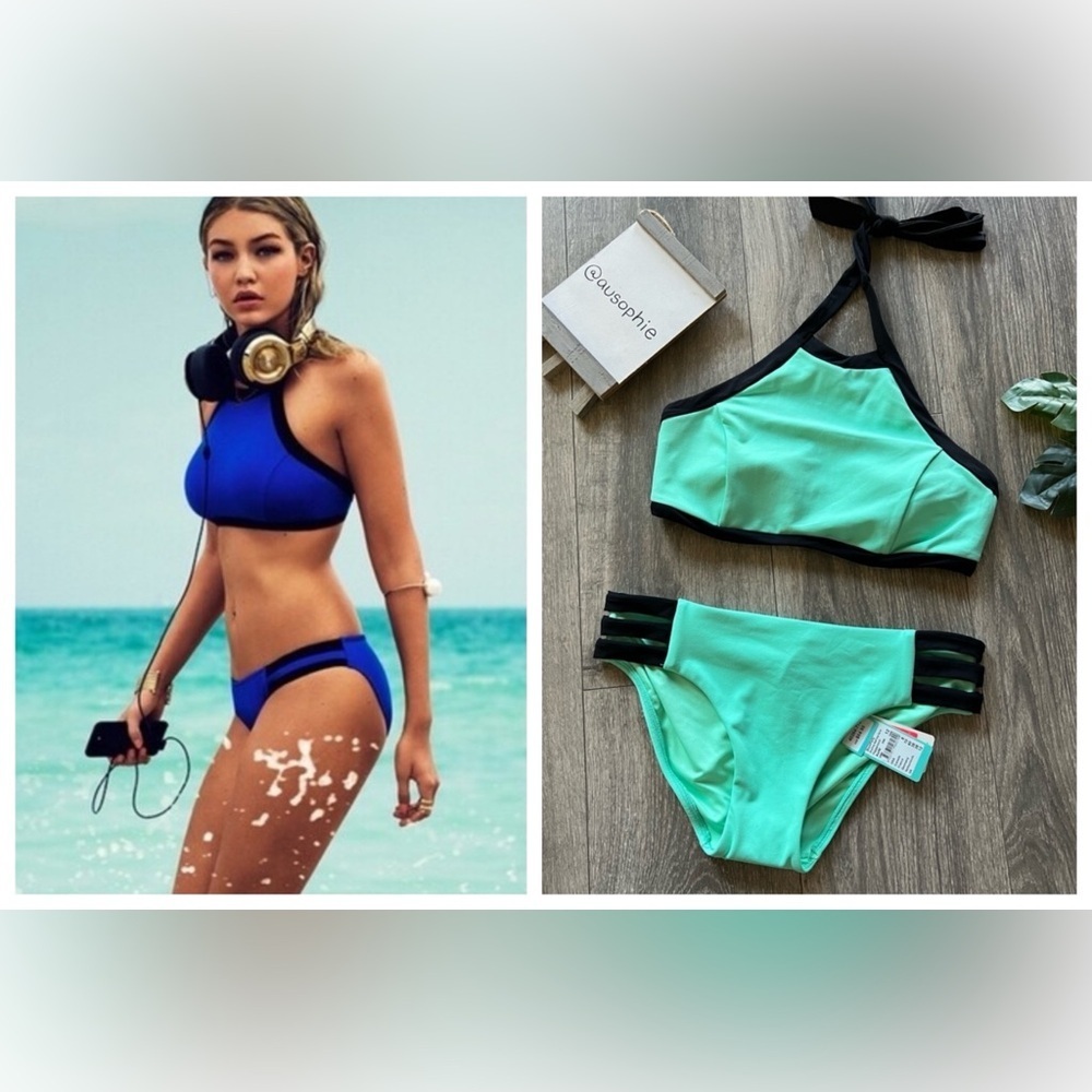 Seafolly Mint Green and Black Colorblock High Neck Bikini